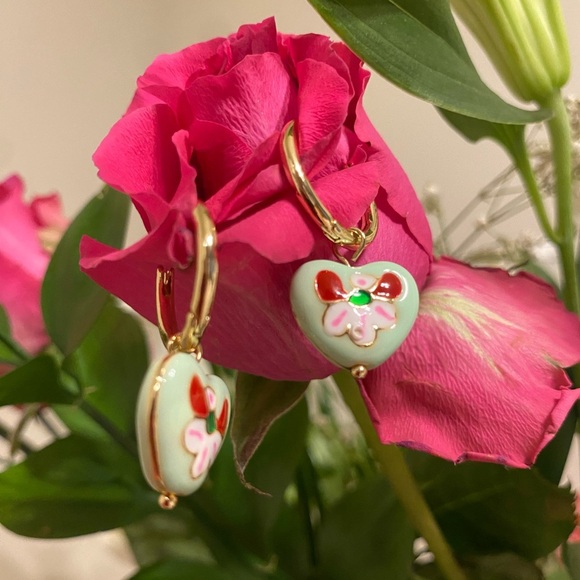 🌸💚✨ Hand-Painted Heart Charm Hoop Earrings - Atterri | Woman-Owned ✨💚🌸 - Picture 5 of 7